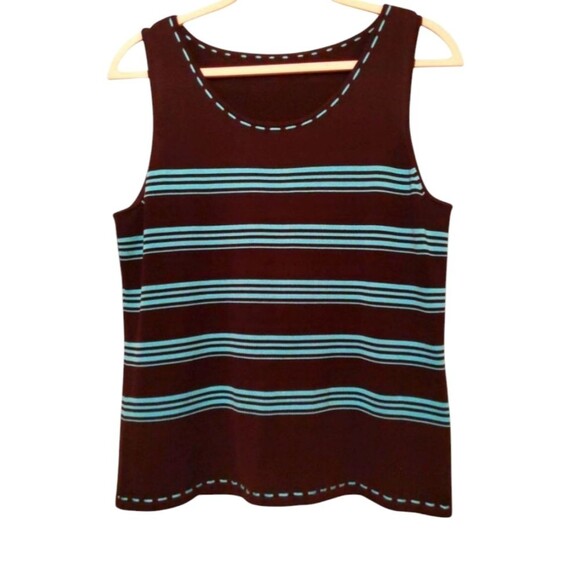 Black and Aqua Shell Top Striped Sleeveless Large - Picture 1 of 5